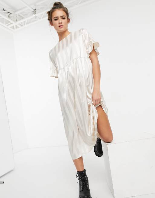 Lola May long smock dress in cream satin stripe | ASOS