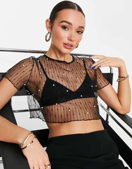 Eden Pearls And Rhinestone Mesh Short Sleeve Crop Top, 53% OFF