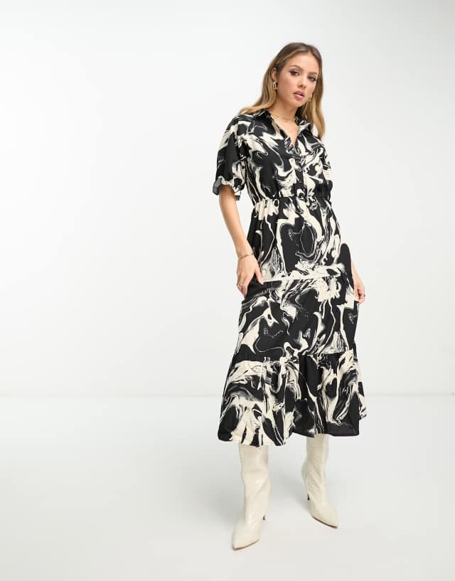 Lola May midaxi tiered shirt dress in abstract print