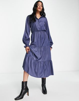 Lola May midaxi tiered shirt dress in blue