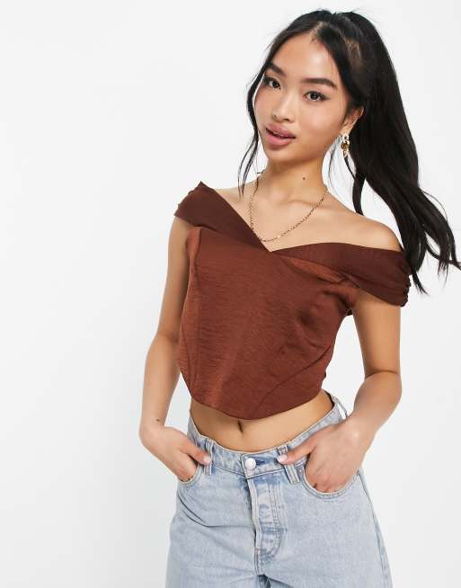 Lola May off shoulder bustier top in chocolate brown | ASOS