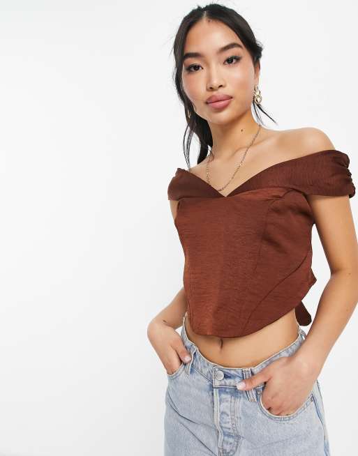 Lola May off shoulder bustier top in chocolate brown