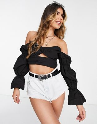 Lola May off shoulder cut out detail crop top co-ord in black