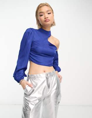 one shoulder crop top in cobalt blue