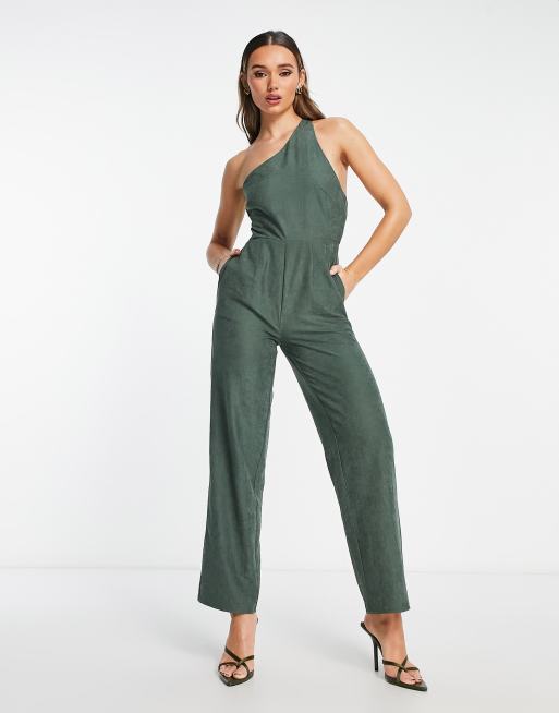 Lola May one shoulder open back jumpsuit in khaki | ASOS