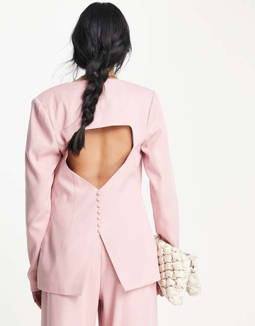 Lola May open back blazer with button detail in pink, 2 of 4