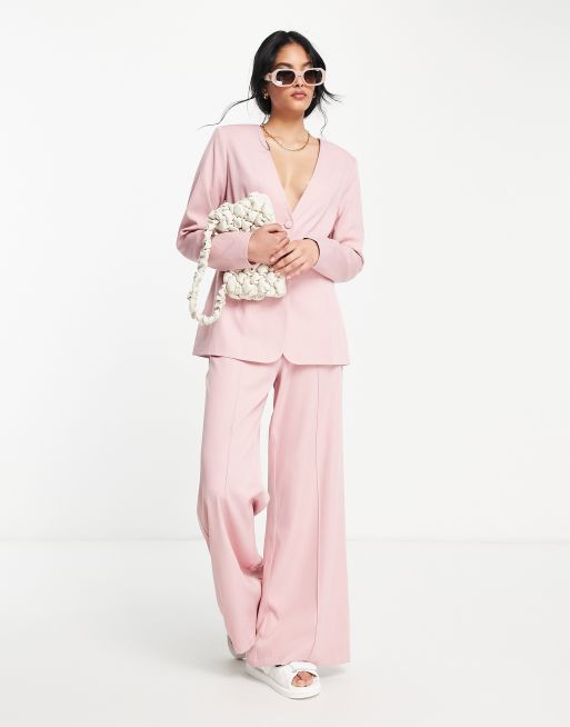 Lola May open back blazer with button detail in pink, 4 of 4