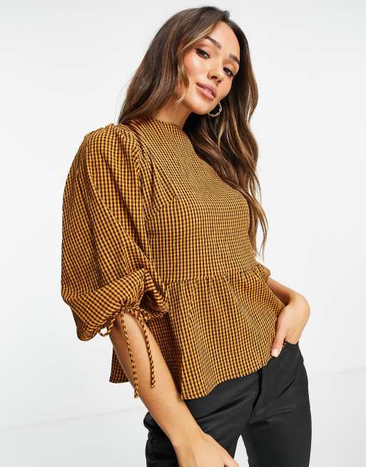 Lola May open back blouse in tan gingham | ASOS