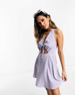 Lola May Lola May open back halter neck mini dress in lilac gingham-Blue