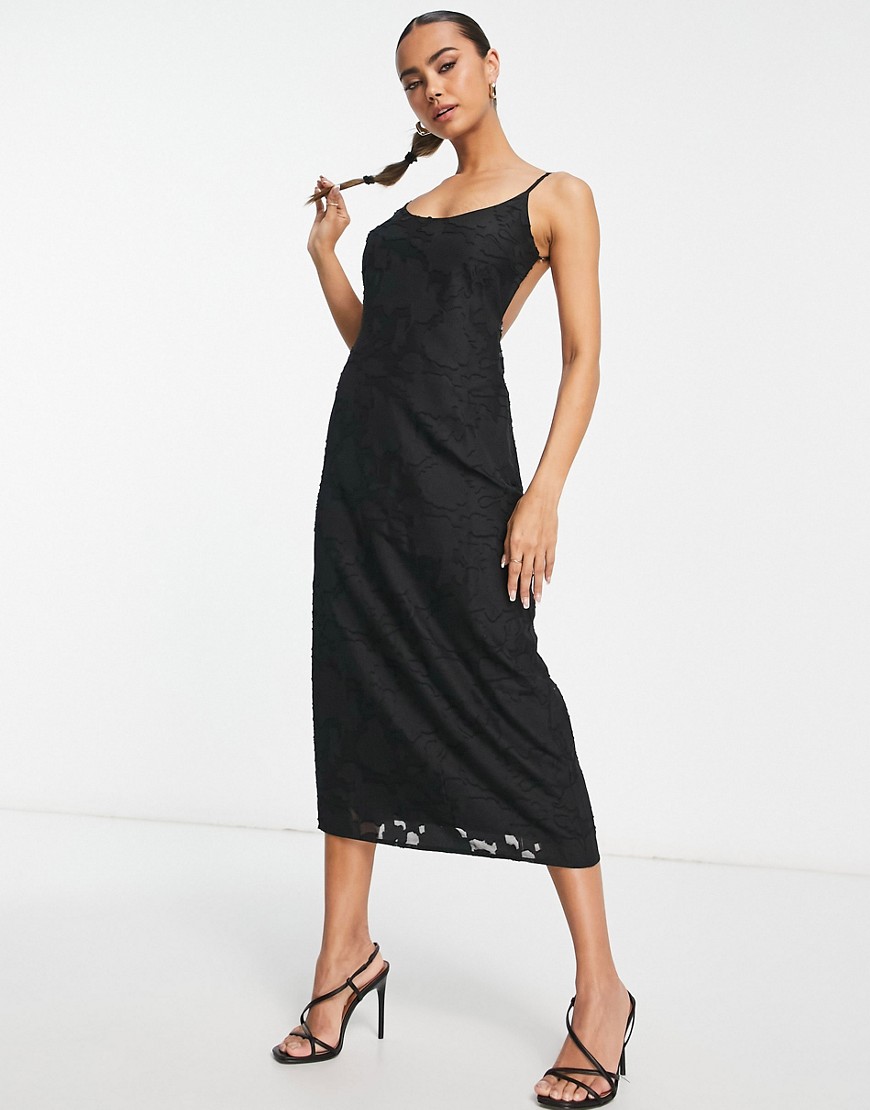 Lola May open back midi dress with textured floral lace in black