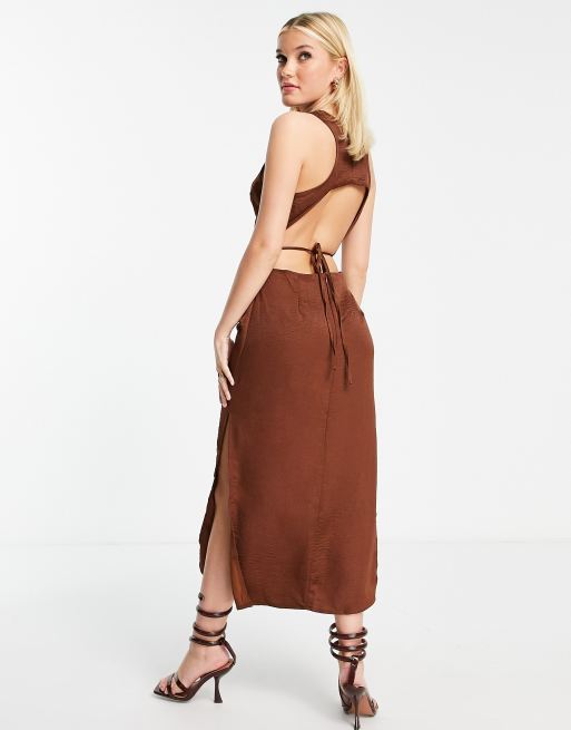 Lola May open back satin midi dress in chocolate brown | ASOS