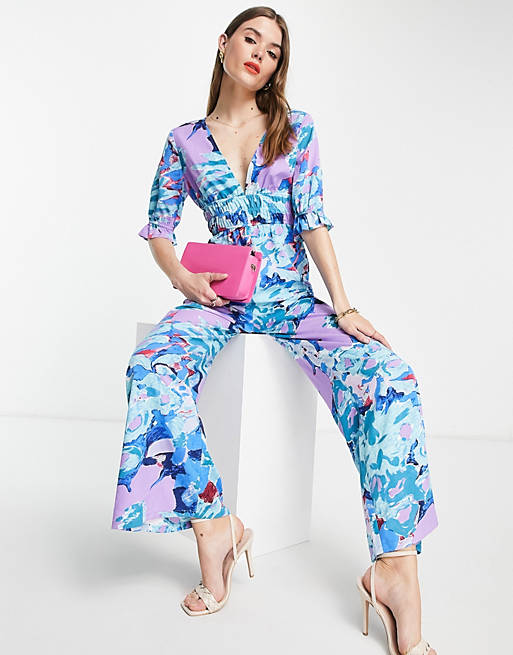Lola May open back wide leg jumpsuit in abstract print