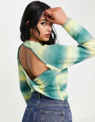 Lola May Open Twist Back Sweater In Green Space Dye