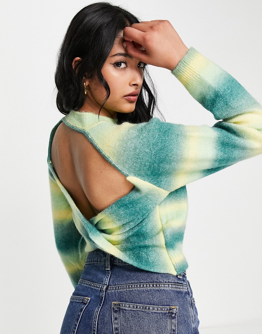 Lola May open twist back sweater in green space dye