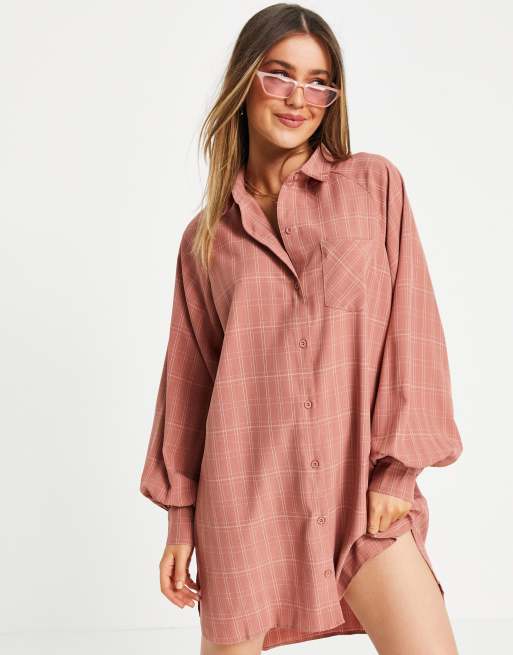 Lola May oversized dip hem shirt dress in rust check