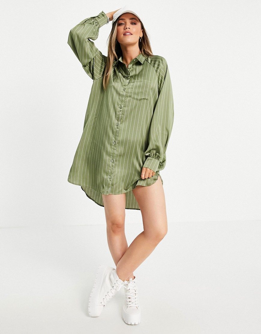 Lola May oversized dip hem stripe shirt dress in khaki-Green