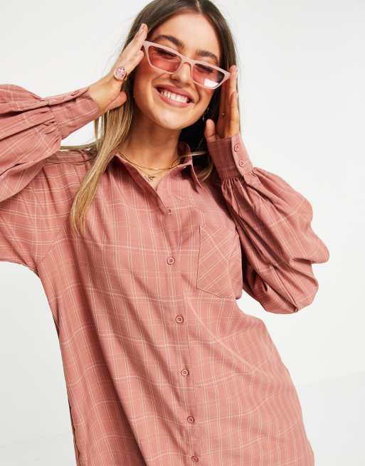 Lola May - Oversized overhemdjurk met lange achterkant in roestbruine ruiten, 3 van 4