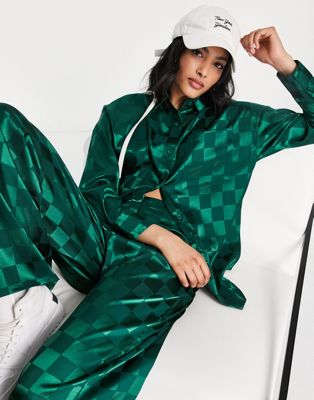 Lola May oversized satin shirt co-ord in green check