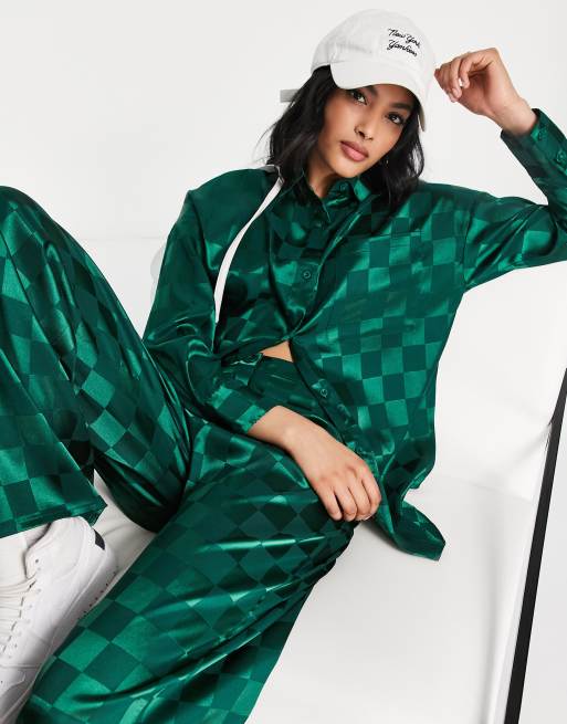 Lola May oversized satin shirt in green check (part of a set)
