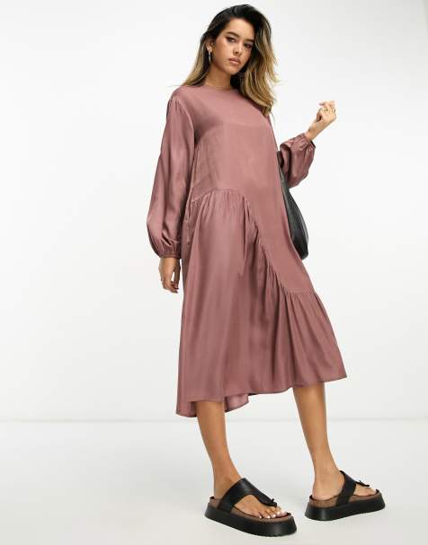 Lola May oversized smock dress with asymmetric seam detail in brown - view 1
