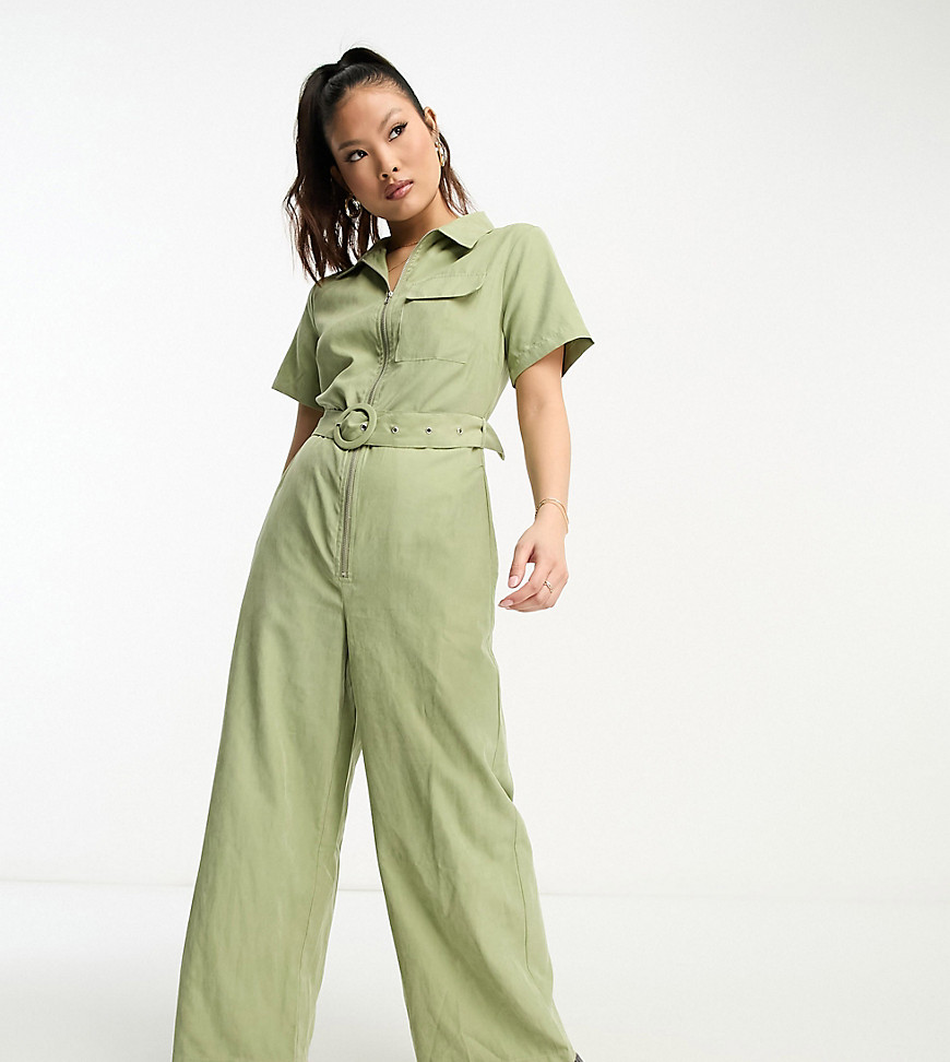 Lola May Petite belted wide leg jumpsuit in sage green