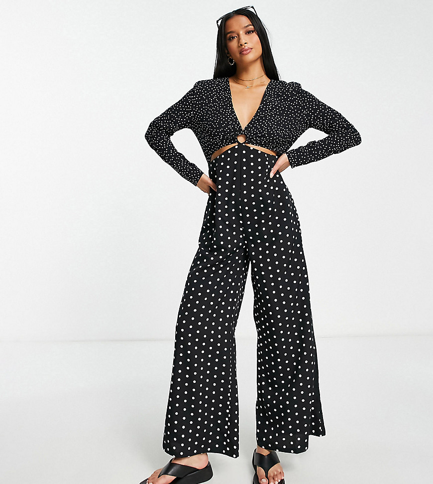 Lola May Petite cut out wide leg jumpsuit in polka dot-Black