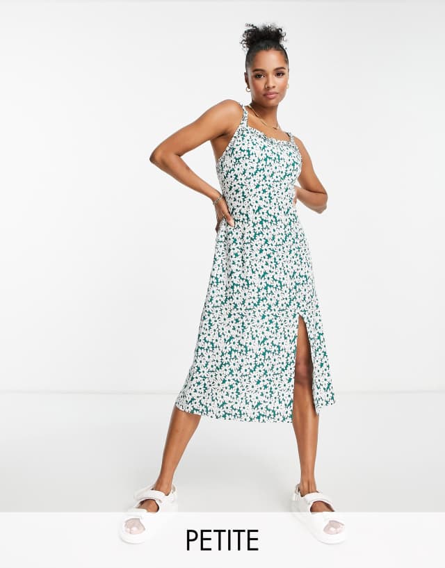 Lola May Petite frill strap midi dress in green floral print