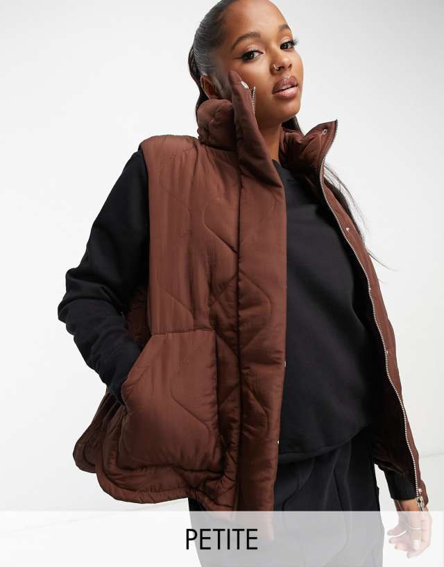 Lola May Petite high neck quilted vest in chocolate brown