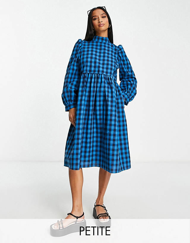 LOLA MAY PETITE - high neck smock dress in blue check