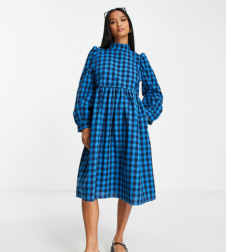 Lola May Petite high neck smock dress in blue plaid