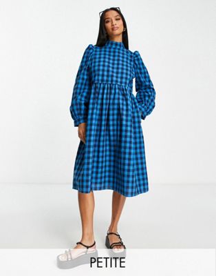 Lola May Petite high neck smock dress in blue check - ASOS Price Checker