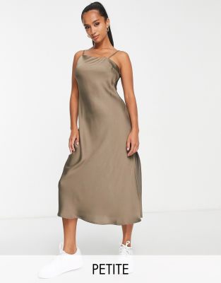 LOLA MAY PETITE Lola May Petite satin cami midaxi dress with diamante strap in taupe-Brown