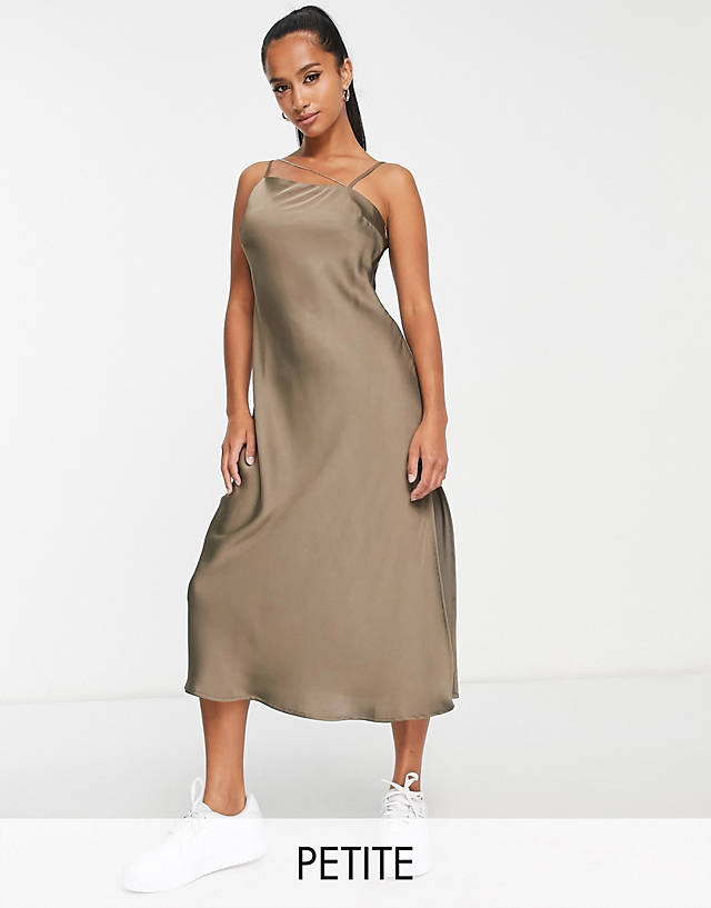 LOLA MAY PETITE - satin cami midaxi dress with diamante strap in taupe