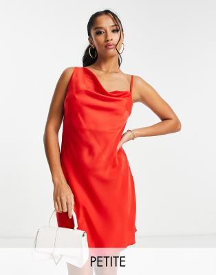 LOLA MAY PETITE Lola May Petite satin ruched asymmetric shoulder mini dress in red