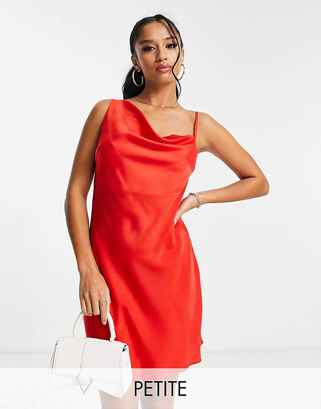LOLA MAY PETITE - satin ruched asymmetric shoulder mini dress in red