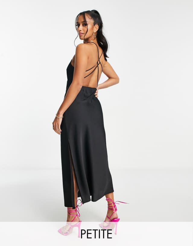 Lola May Petite satin strappy back midi dress in black