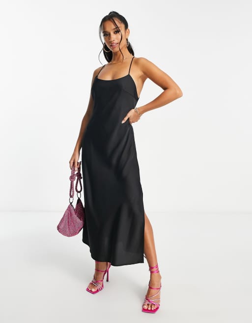 Lola May Petite satin strappy back midi dress in black