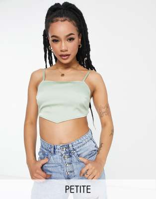 Lola May Petite Satin Tie Back Crop Top In Sage Green