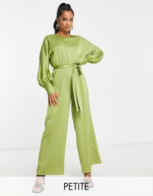 Lola May Petite satin tie belted waist wide leg jumpsuit in chartreuse - ASOS Price Checker