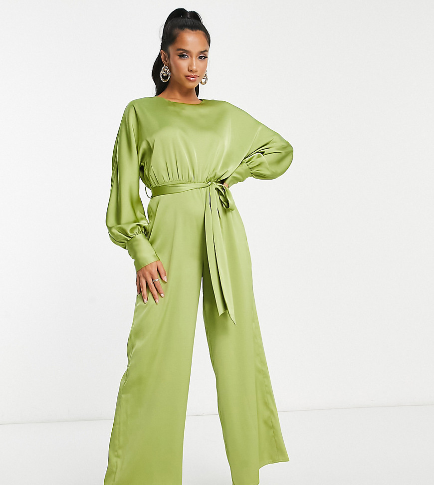 Lola May Petite satin tie belted waist wide leg jumpsuit in chartreuse-Green