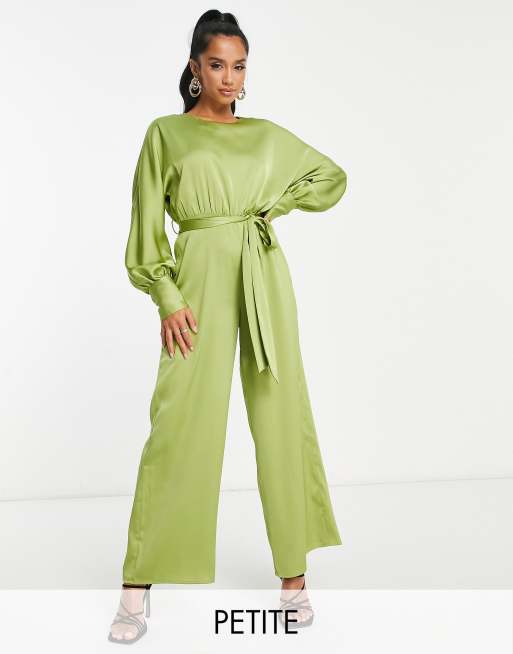 Lola May Petite satin tie belted waist wide leg jumpsuit in