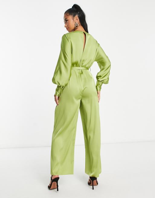 Lola May Petite satin tie belted waist wide leg jumpsuit in chartreuse |  ASOS