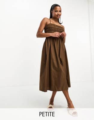 shirred cotton poplin midi dress with cross back in chocolate brown