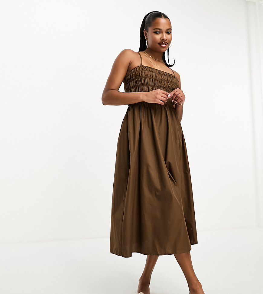 shirred cotton poplin midi dress with cross back in chocolate brown