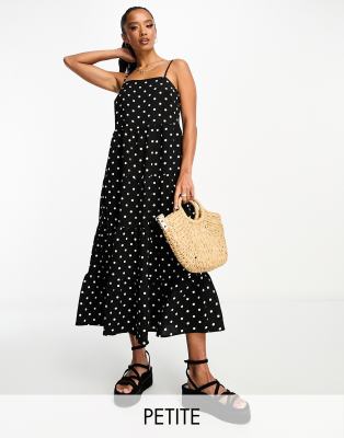 Lola May Petite square neck trapeze midi dress in black polka dot