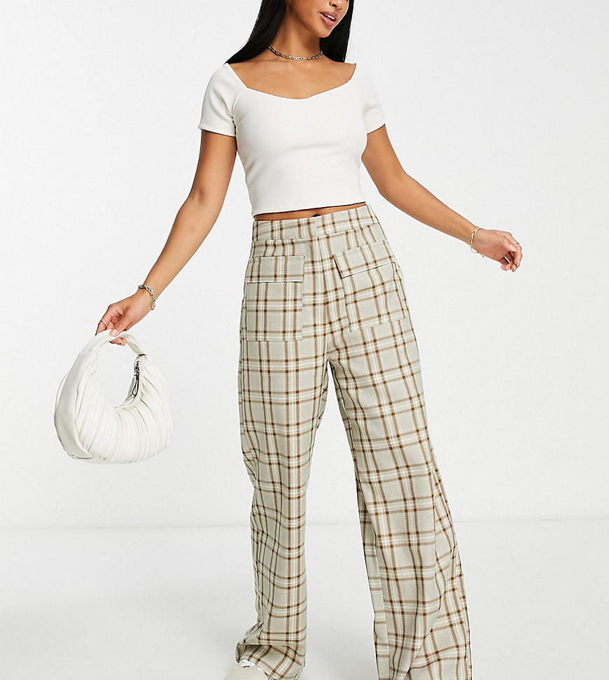 Lola May Petite Straight Leg Trousers With Pockets In Check-Multi