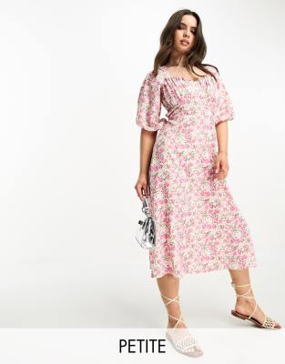 tie back puff sleeve midi smock dress in pink floral print