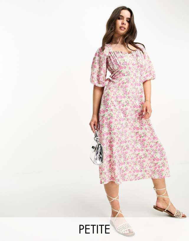 LOLA MAY PETITE - tie back puff sleeve midi smock dress in pink floral print