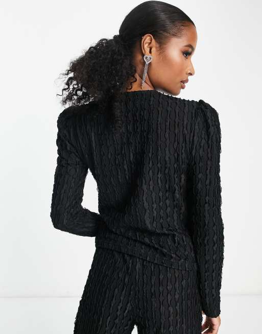 Lola May Petite tie front textured top co-ord in black, 2 of 4
