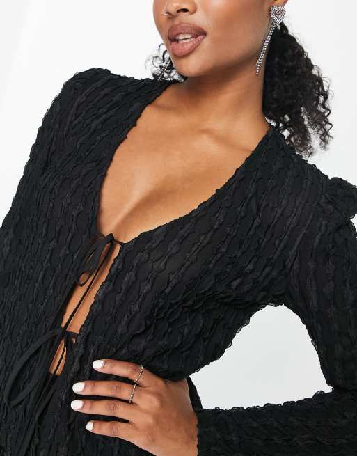 Lola May Petite tie front textured top co-ord in black, 3 of 4